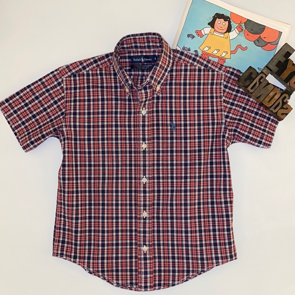 🏇RALPH LAUREN Boy’s Loose Weave Plaid Short Sleeve Button-Down Shirt